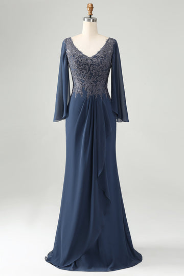 Glitter Twilight Mermaid V-ringad pärlstav brudens mor klänning med applikationer